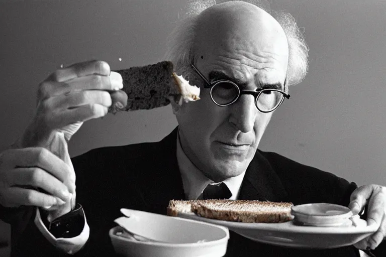 Image similar to larry david eating a sandwich, horror film still, dark atmosphere, found footage, nightmare, unsettling, cinematic