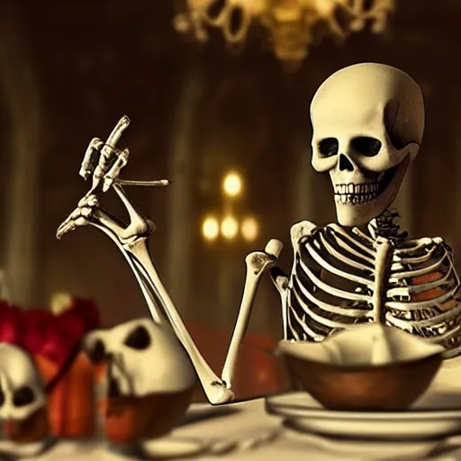 Prompt: a bloody skeleton man is eating a plate of rats at a banquet inside a Victorian castle super detailed uhd ultra realism 35mm