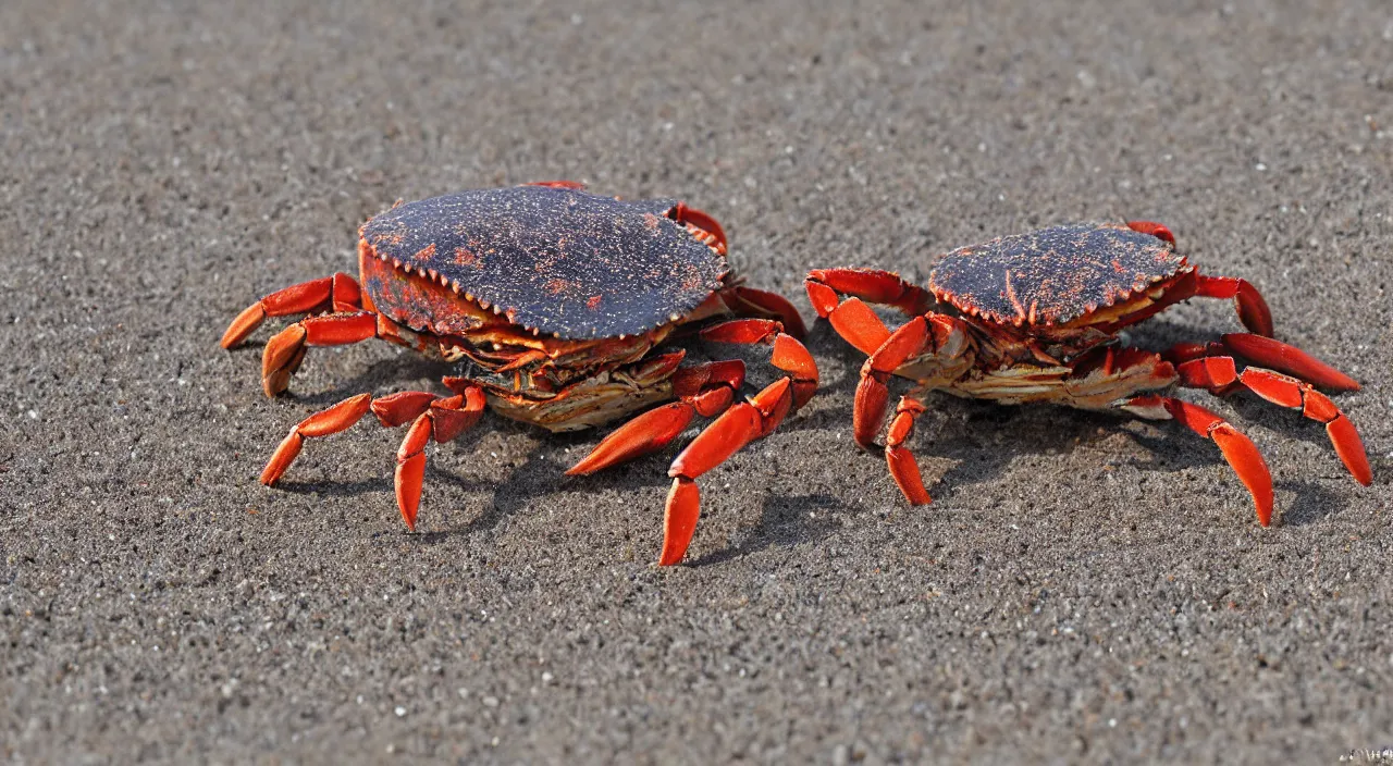 Prompt: a realistic image of a crab with a hat on it's head, ultra high detail, the crab is on sand on a beach with ocean in the background, 8 k.