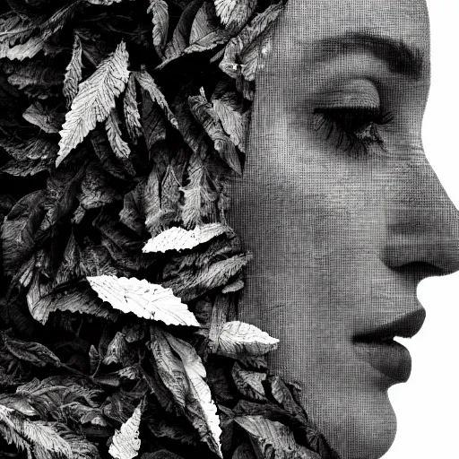 Prompt: profile of a woman made of leaves, double exposure, artistic, hd, b&w