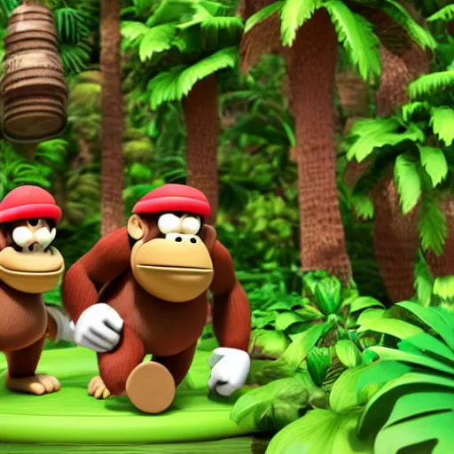 Image similar to Donkey Kong and Diddy Kong surrounded by tropical trees and barrels, 3D render, detailed clay model