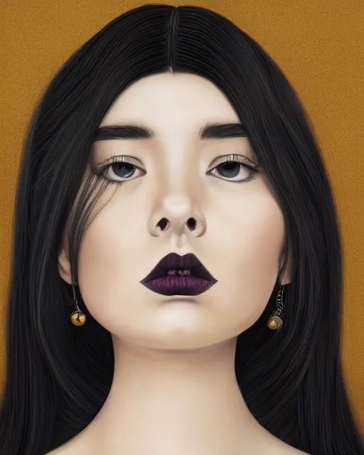 Image similar to A portrait painting of a gorgeous woman long black hair frowning, in the style of Audrey Kawasaki, octane render, highly detailed