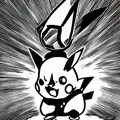 Image similar to pikachu in a battle stance, illustrated by mato, manga style, black and white illustration