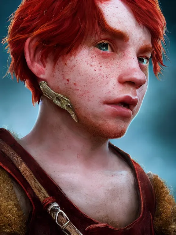 Image similar to portrait art of red - haired halfling bard 2 1 year old!! freckles!!, 8 k ultra realistic, atmosphere, glow, detailed, intricate, full of colour, cinematic lighting, trending on artstation, 4 k, hyperrealistic, focused, extreme details, unreal engine 5, cinematic, masterpiece