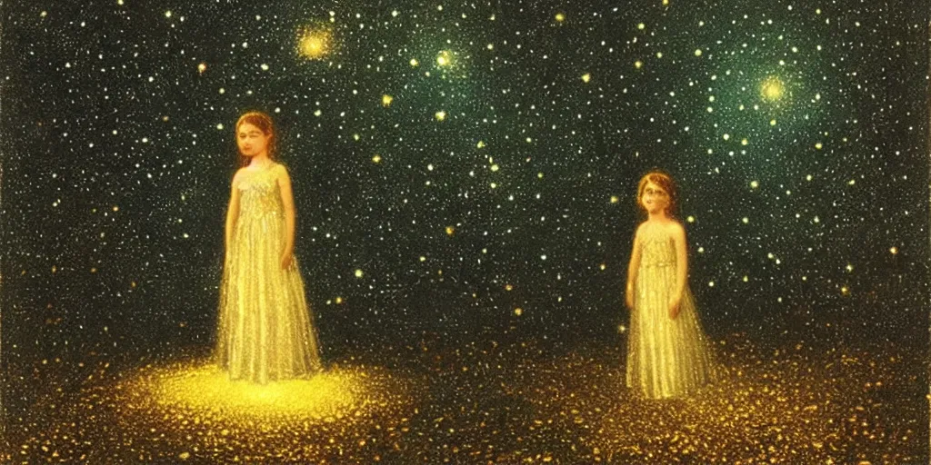Prompt: the sky is a starry sky, gorgeous nebula is born, big scene, below is a very small girl standing in a star - like water, the girl is wearing a gorgeous dress, golden, gorgeous, shocking, like the universe ， trending on john atkinson grimshaw