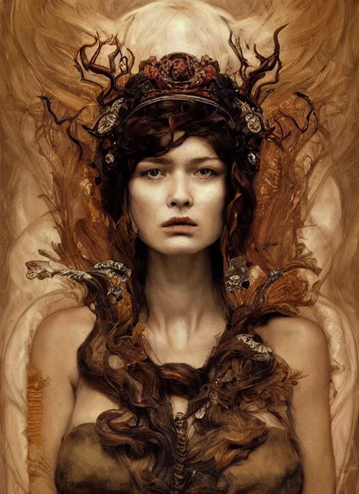 Prompt: a portrait painting of the queen of fire dressed by alexander mcqueen, an ultrafine detailed painting by zha shibiao, austin osman spare, roberto ferri, william waterhouse and tom bagshaw. ultradetailed face, cgsociety, fantasy art, detailed painting, chiaroscuro, rococo