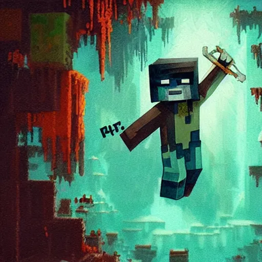 Image similar to painting by greg rutkowski of a minecraft drowned zombie with glowing cyan eyes, wearing ragged clothing and and algae growing on it, holding a trident, underwater