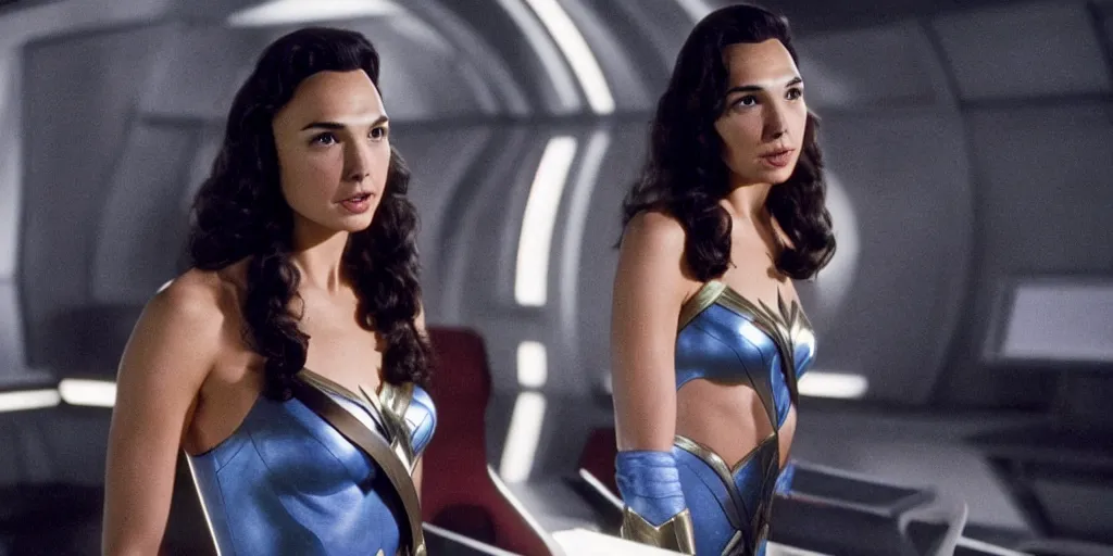 Image similar to Gal Gadot in the role of Captain Kirk in a scene from Star Trek the original series