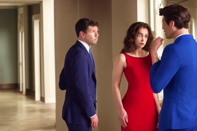 Image similar to full body film still of a man longingly looking at a woman in a red dress as a woman in a blue dress looks disgusted at the man in the new romance comedy movie, dramatic angle, dramatic lighting