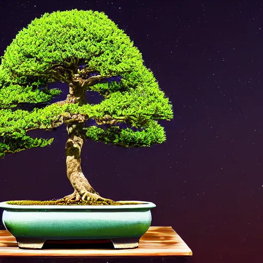 Prompt: a giant bonsai tree being circled by a hord of dark fured hamsters at midnight. photograph