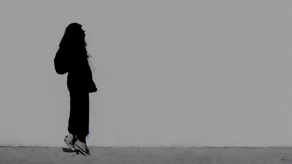 Image similar to A woman looking at her shadow on the wall, camera at the side, minimalist, in the style of Ridley Scott and Stanley Kubrick, full shot, long shot, white walls