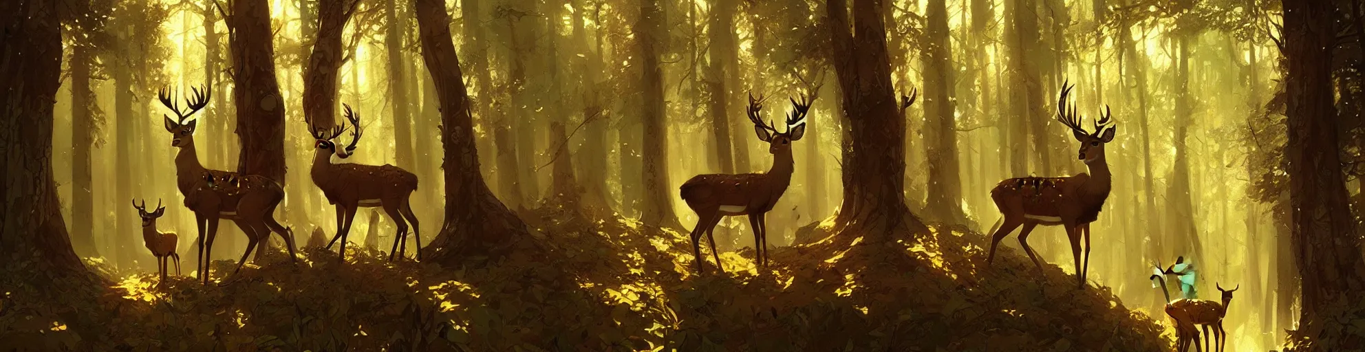 Image similar to Deer in Sherwood Forest, highly detailed, digital painting, artstation, concept art, smooth, sharp focus, illustration, art greg rutkowski and alphonse mucha