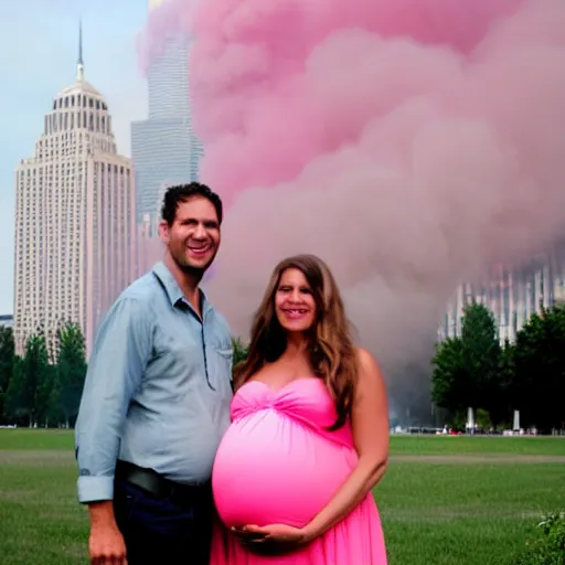 Prompt: a pregnant woman and her husband smiling in front of 9 / 1 1 with pink smoke