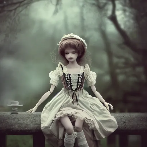 Image similar to A beautiful atmospheric photo of a beautiful Bjd doll girl, wearing cute victorian costume, fantasy tea cup, intricate details, sharp focus, symmetrical composition, octane render, 8k, volumetric lighting