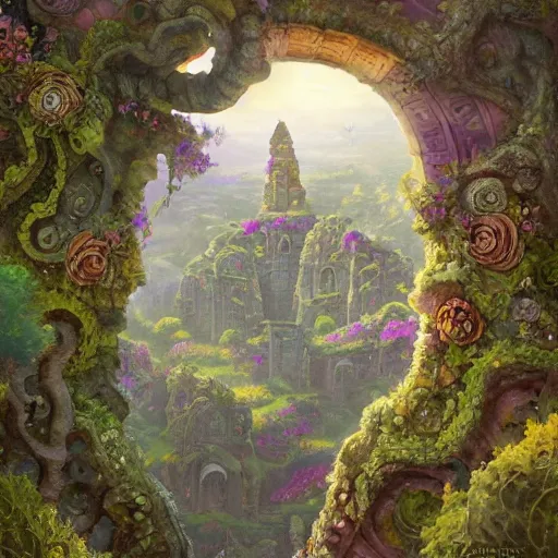 Image similar to forgotten stone city on a hill that rises up from the plain. the stone is carved into intricate patterns: spirals and flowers, vines and knots. towers high above, archways, strange trees and flowers. a beautiful and vivid and colorful andreas rocha and peter mohrbacher acrylic painting, trending on artstation