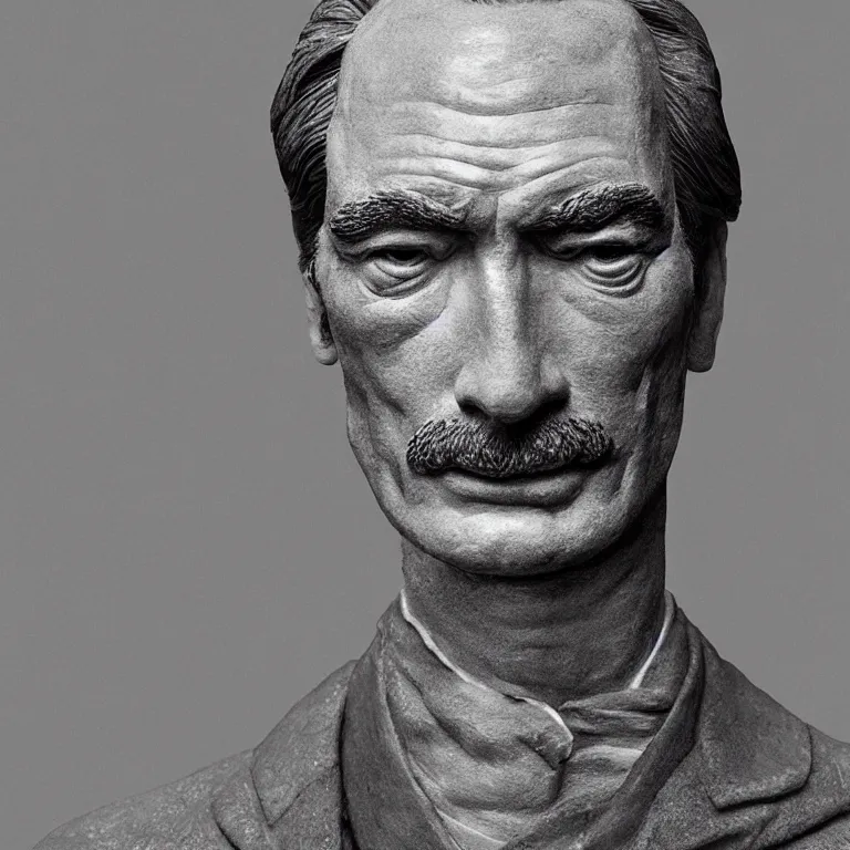 Image similar to studio photograph of hyperrealistic accurate portrait sculpture of timothy dalton, beautiful symmetrical!! face accurate face detailed face realistic proportions, made of peppercorns on a pedestal by ron mueck and matthew barney and greg rutkowski, hyperrealism cinematic lighting shocking detail 8 k