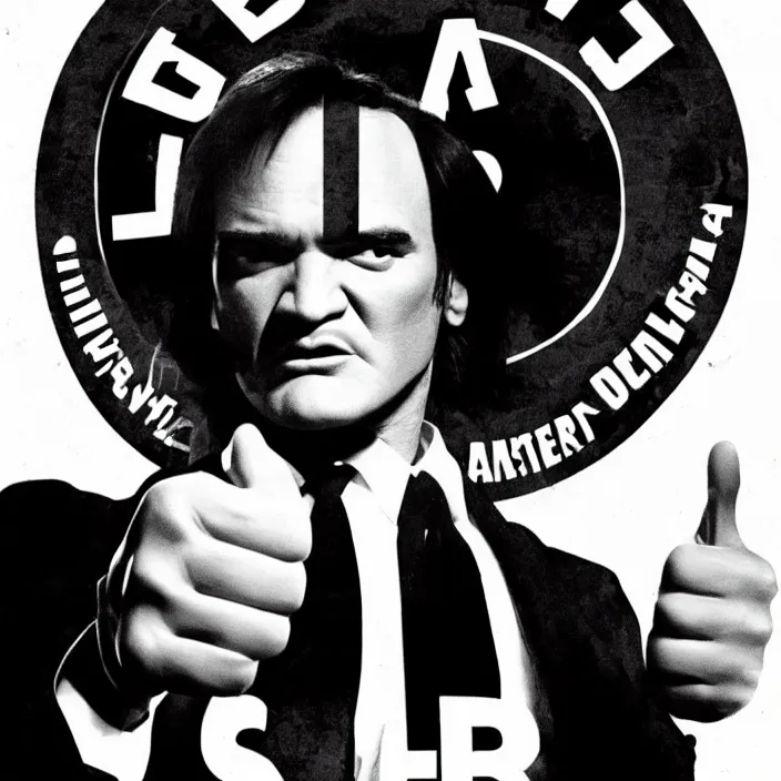 Image similar to quentin tarantino seal of approval, giving thumbs up. white background.