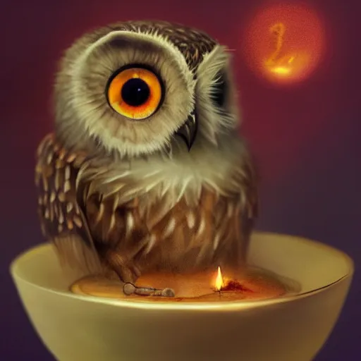 Prompt: long shot of a very cute owl chick nesting in a very romantique cup, by esao andrews, humorous illustration, hyperrealistic, big depth of field, warm colors, night scenery, low light, 3 d octane render, 4 k, conceptart, hyperdetailed, hyperrealistic, trending on artstation