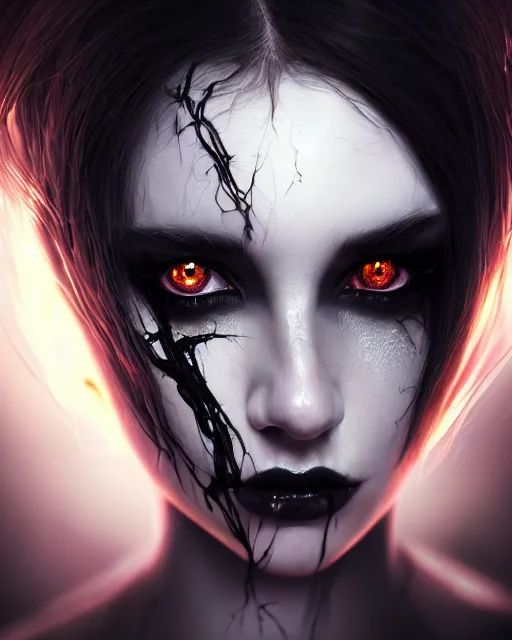 Prompt: dreamy portrait of a beautiful female personification of death with black veins and glowing eyes, ultra realistic, highly detailed, hd, sharp focus, cinematic lighting, mood lighting, realistic, photorealistic, vivid colors, painting, photograph, digital art, non blurry, sharp, artstation, concept art, smooth, illustration
