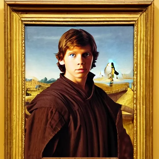 Image similar to a portrait painting of young luke from star wars in a renaissance style hanging in the louvre