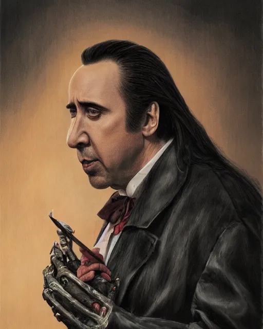 Image similar to nicolas cage as dracula, drink blood, highly detailed, centered, artstation, concept art, smooth, sharp focus, illustration, bokeh art by artgerm and donato giancola and joseph christian leyendecker zdzisław beksinski