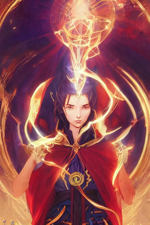 Image similar to anime key visual of a beautiful young female doctor strange, marvel comics, spells, magic, intricate, magical village, stunning, highly detailed, digital painting, artstation, smooth, hard focus, illustration, art by artgerm and greg rutkowski and alphonse mucha