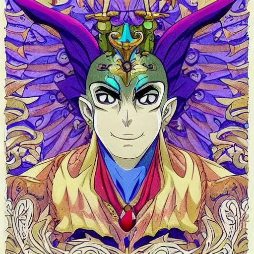 Image similar to 4 k headshot of godlike jester with defined arms and open hands and bloody clothes with giant mandala wings, intricate face, flawless anime cel animation by kentaro miura, psychedelic, highly detailed upper body, professionally post - processed, beautiful, scary, symmetry accurate features, epic, octane rendered, anime masterpiece, accurate