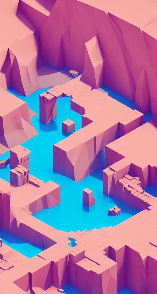 Image similar to matte 3d low poly cherry blossom island, pink waterfalls, isometric perspective on sky background, soft shadows, lat lighting, trending on artstation, 3d render, monument valley, fez video game,