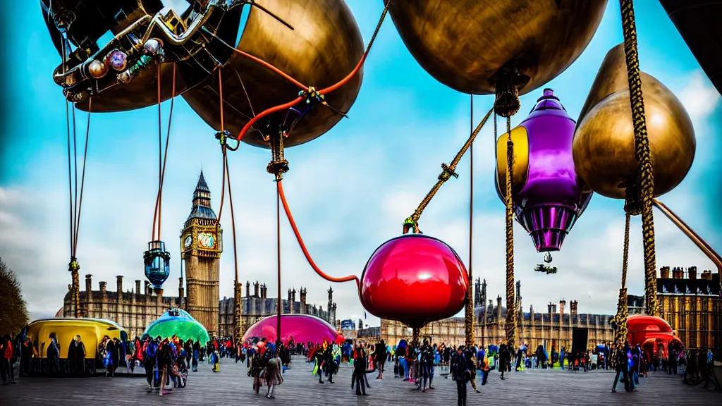 Image similar to large colorful futuristic space age metallic steampunk steam - powered balloons with pipework and electrical wiring around the outside, and people on rope swings underneath, flying high over the beautiful medieval london city landscape, professional photography, 8 0 mm telephoto lens, realistic, detailed, photorealistic, photojournalism