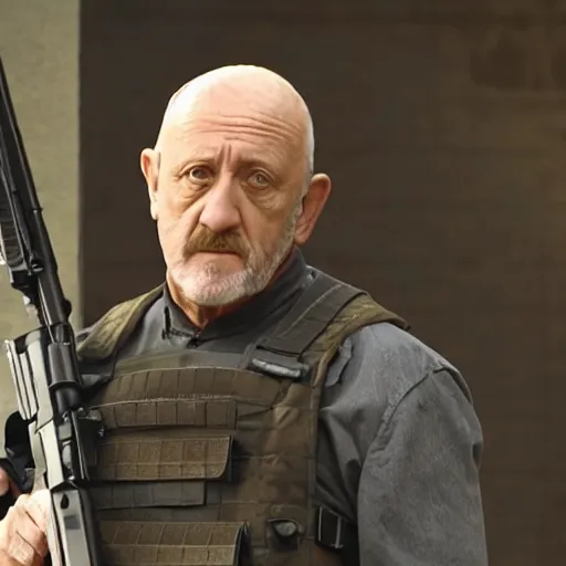 Prompt: Film Still of Mike Ehrmantraut carrying a sniper rifle and wearing a bulletproof vest, 4k, highly detailed