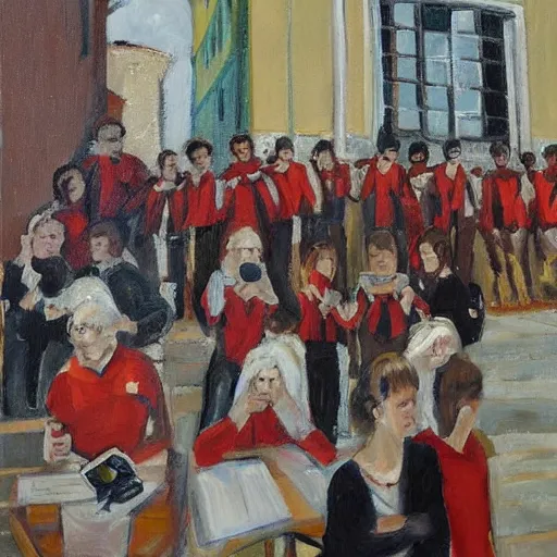 Image similar to teenegers with phones as head stend in front of a school in genoa. painting