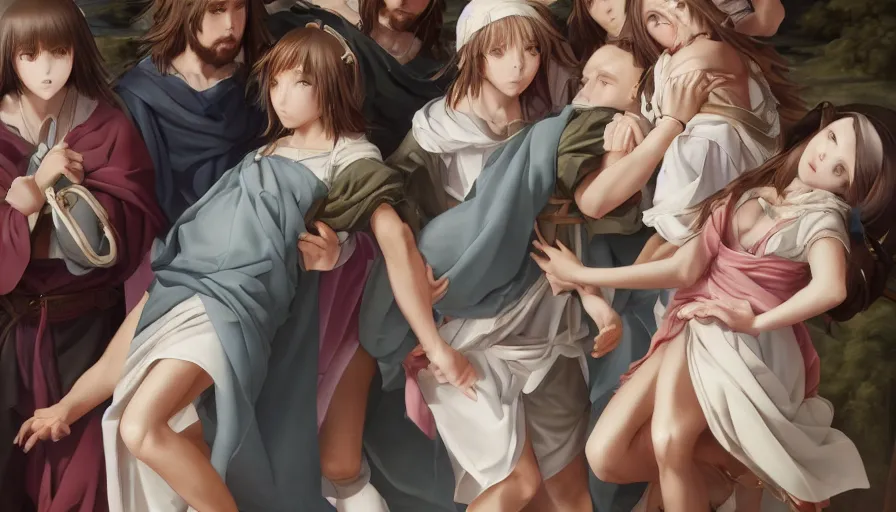 Image similar to jesus christ our lord being carried by cute lightly dressed anime girls, photorealistic, anime, mini skirt, long hair, renaissance painting, hyper real, detailed, wide angle shot, ultra detailed