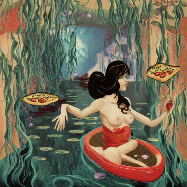 Image similar to tall female catgirl artist holding pizza in her flooded apartment, pomegranates, octopus, water gushing from ceiling, painting of flood waters inside an artist's apartment, a river flooding indoors, mushrooms, ikebana, zen, rapids, waterfall, black swans, canoe, berries, acrylic on canvas, surrealist, by magritte and monet