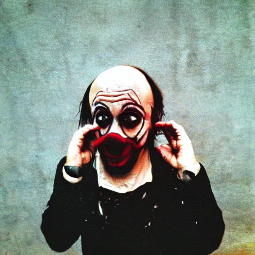 Image similar to grunge disposable camera photo of a sad clown | horror | nightmare