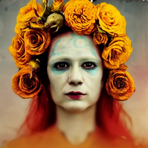 Prompt: realistic expired kodak film portrait of albino india woman tentacled creature mix, marigold, roses, lotus, jamine celestial vibe, hyperrealism, hypermaxiymalism, photorealistic, detailed, atmospheric, 8 k, award winning photography, cinematic