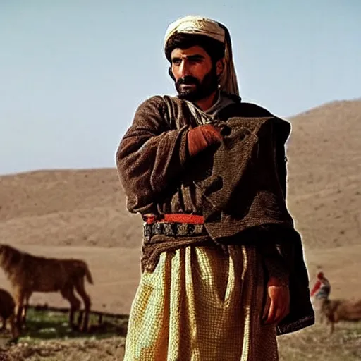 Image similar to Kurdish shepherd wearing Kurdish clothes in a movie directed by Christopher Nolan, movie still frame, promotional image, imax 70 mm footage