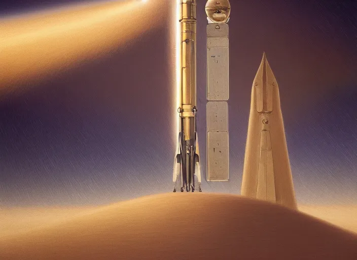 Prompt: a silver vintage and minimalist rocket has landed in a desert, by jean delville and sophie anderson and mandy jurgens, retrofuturism, moody atmosphere, cinematic atmospheric, cinematic lighting, golden ratio, perfect composition, elegant, no crop, extremely detailed, 4 k, hd, sharp focus, masterpiece, trending on artstation