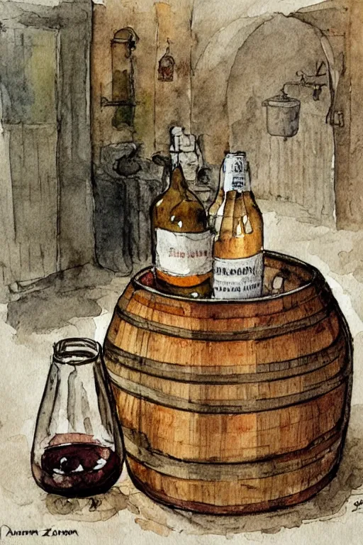 Prompt: pork schnapps wine candle on a barrel in a cellar, watercolor painting by anderz zorn and carl larsson