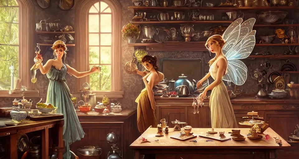 Prompt: a mid - shot of a fairy in a vintage magical kitchen, with one vintage book on a table, with a fireplace in the background d & d, fantasy, intricate, elegant, highly detailed, digital painting, artstation, concept art, smooth, sharp focus, illustration, art by artgerm and greg rutkowski and alphonse mucha