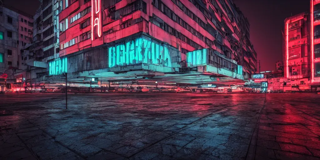 Image similar to Belgrade at night in cyberpunk style, brutalist architecture, neon lights, ultra realistic, highly detailed, HD, sharp focus, cinematic lighting, realistic, vivid colors, photo, film, non blurry, sharp