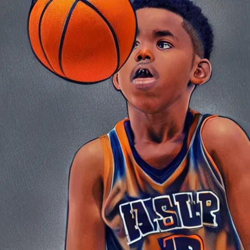 Image similar to Colored pencil portrait of a boy at a basketball court playing basketball wearing a basketball uniform in a basketball court, intense emotion, detailed facial expression, detailed surroundings, intricate, elegant, highly detailed, centered, trending of artstation, concept art, smooth, sharp focus, illustration