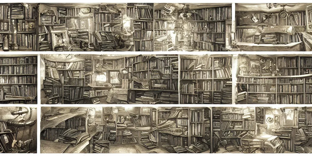 Image similar to steampunk oceanographer study, maps crowding the walls, bookshelves, paintings of ocean topography, sonar equipment, marine biologist lab, bookshelves, incandescent lighting, unreal engine, bibliopunk