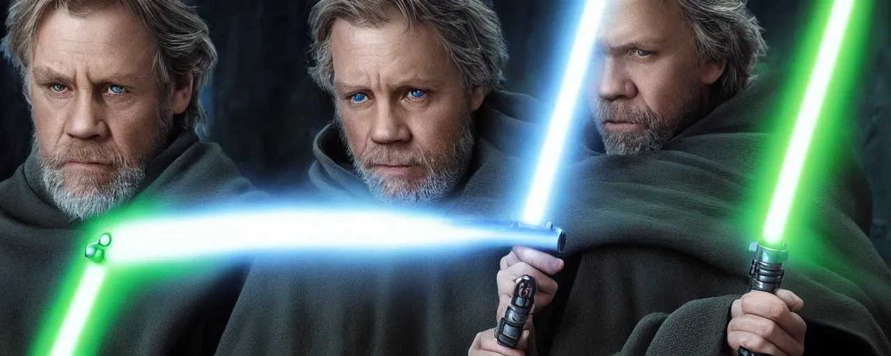 Prompt: Hyper realistic Jedi master Luke Skywalker with green lightsaber based on the last Jedi, 4K