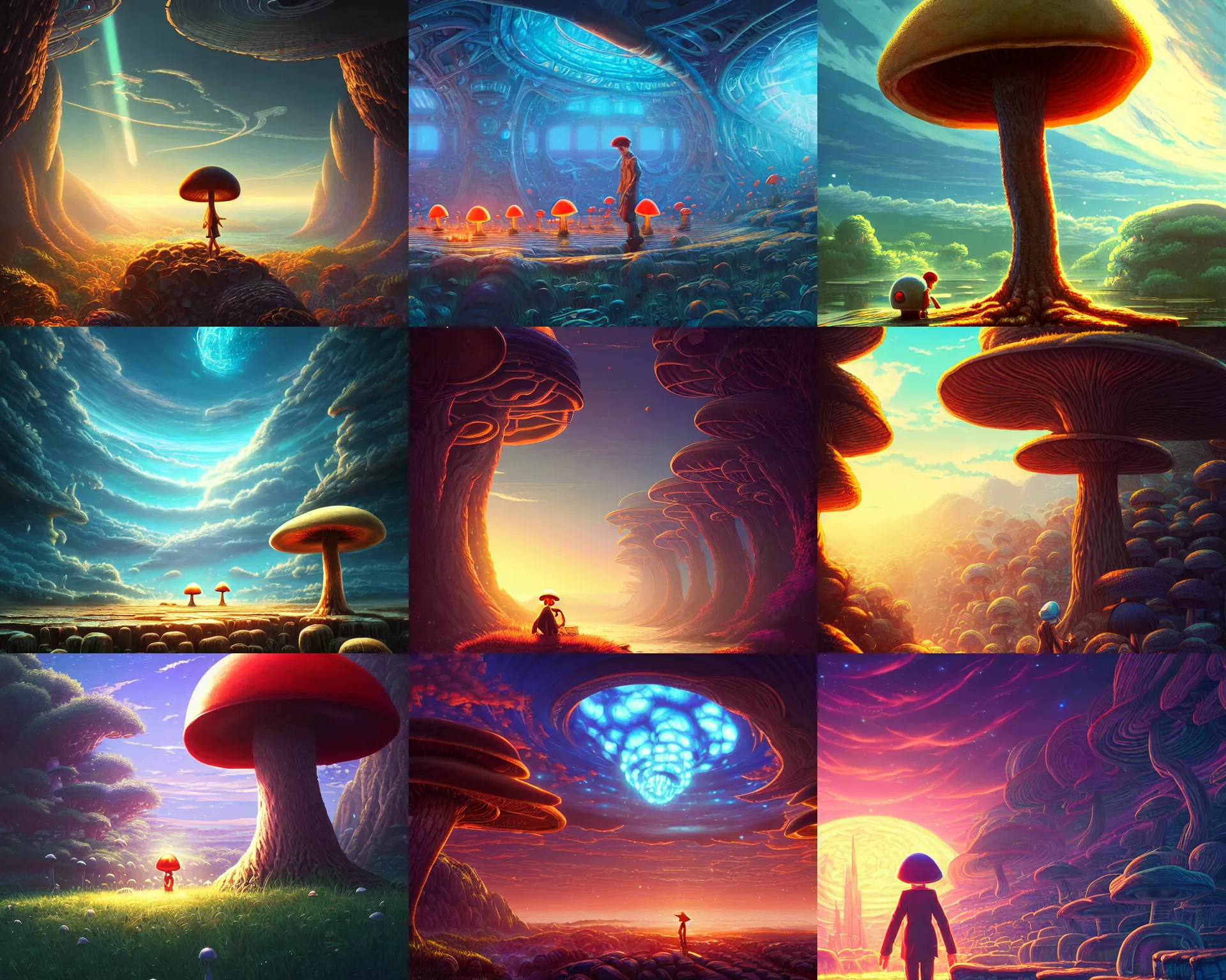 Prompt: the mushroom was created by a time traveler who was transported back in time to a world much like this one by dan mumford, yusuke murata, makoto shinkai, ross tran, cosmic, heavenly, god rays, intricate detail, cinematic, cel shaded, unreal engine, featured on artstation, pixiv