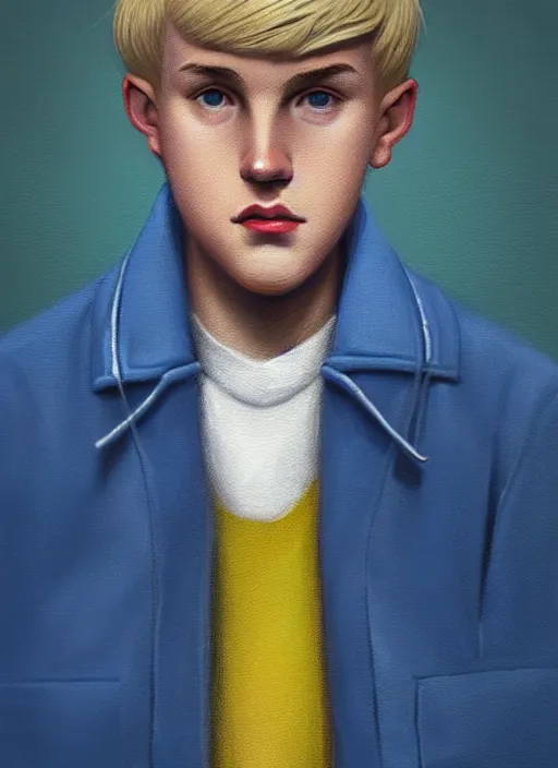 Image similar to portrait of a high school senior boy named moose mason, blonde short hair, jock, beefy, square jaw, square facial structure, 1 9 5 0 s, blue varsity jacket, intricate, elegant, glowing lights, highly detailed, digital painting, artstation, concept art, smooth, sharp focus, illustration, art by wlop, mars ravelo and greg rutkowski