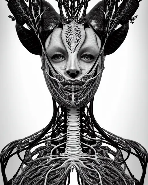 Image similar to a black and white high quality photo of a young beautiful female queen-vegetal-dragon-cyborg bust with a very long neck and Mandelbrot fractal face, Mandelbrot fractal skin, flesh, anatomical, facial muscles, veins, arteries, elegant, highly detailed, flesh highly baroque ornate, hair are wired cables, elegant, high fashion, rim light, octane render, in the style of Cindy Sherman, Realistic, Refined, Digital Art, Highly Detailed, Cinematic Lighting, rim light, black and white, photo-realistic, 8K