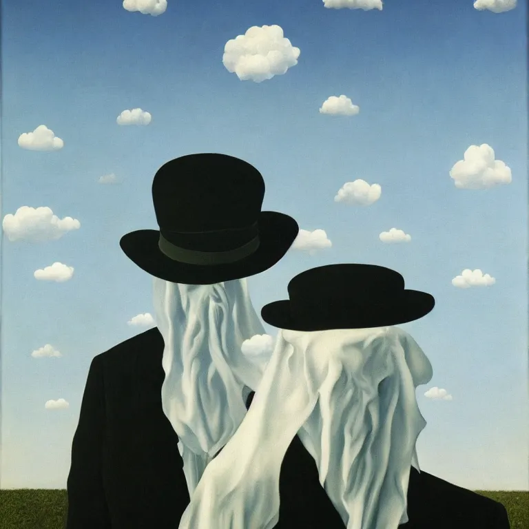 Image similar to portrait of a scary creepy ghost, clouds in the background, by rene magritte, detailed painting, distance, middle centered, hd, hq, high resolution, high detail, 4 k, 8 k