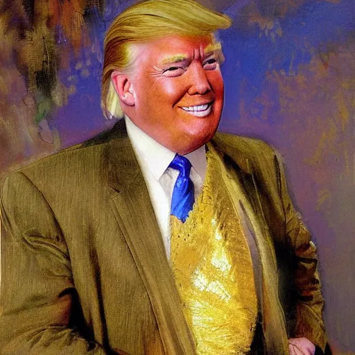 Image similar to detailed portrait of donald trump in yellow suit, spring light, painting by gaston bussiere, craig mullins, j. c. leyendecker