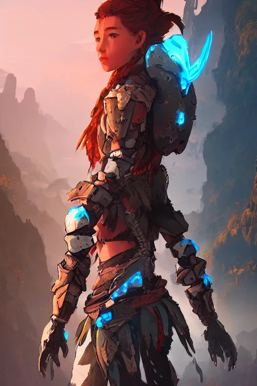 Image similar to combination suit armor aloy horizon forbidden west horizon zero dawn radiating a glowing aura global illumination ray tracing hdr fanart arstation by ian pesty and alena aenami artworks in 4 k tribal robot ninja mask helmet backpack