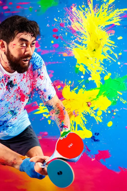 Image similar to man playing table tennis, paddle and ball, colorful paint splatters